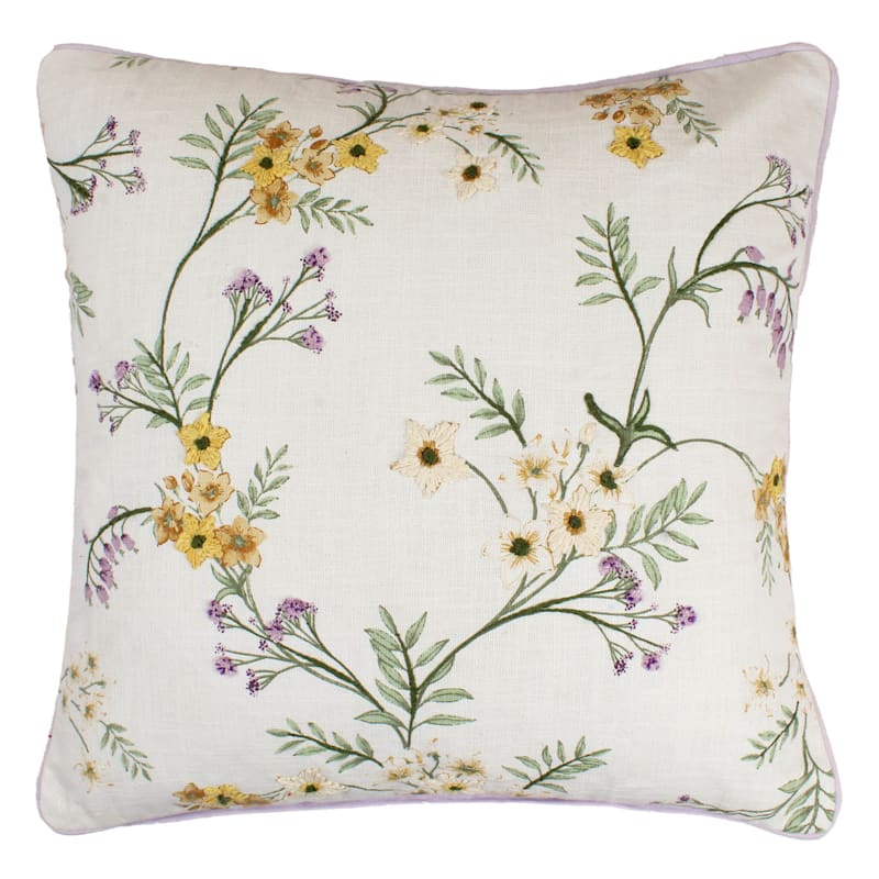 Grace Mitchell Yellow & Lilac Floral Embroidered Throw Pillow, 20"