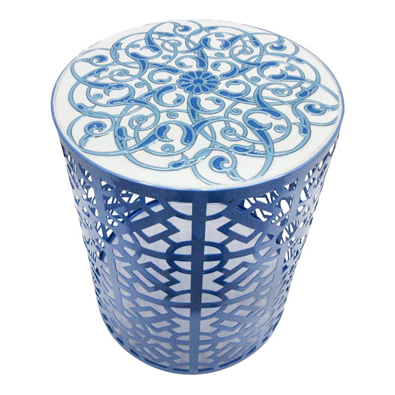 Blue Metal Plant Stand with Ceramic Tile Top, 15x11