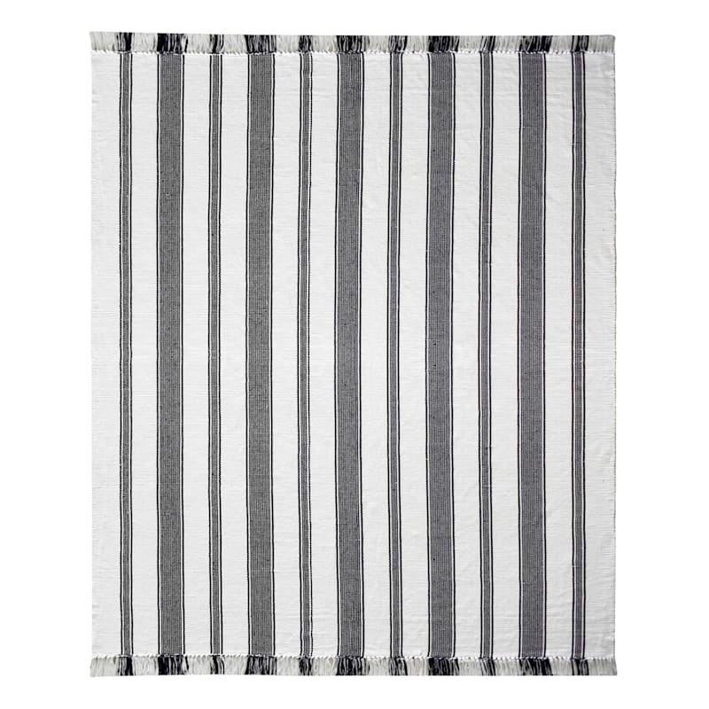 (D551) Honeybloom Flatweave Ivory & Black Striped Area Rug, 8x10