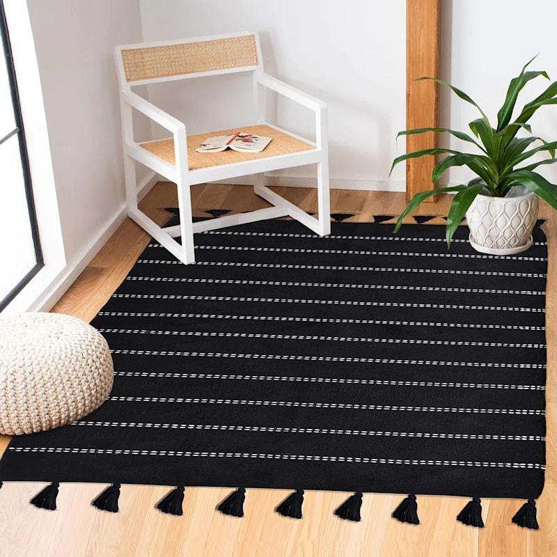 (D582) Honeybloom Black Striped Woven Area Rug, 5x7