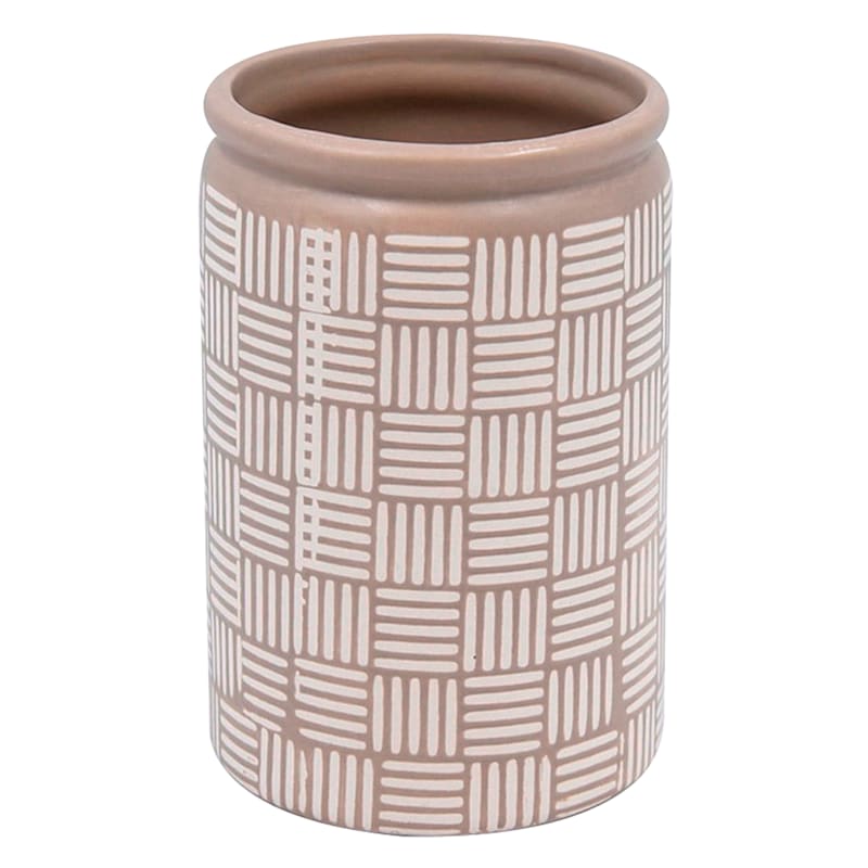 Found & Fable Tan & Ivory Print Ceramic Cylinder Vase, 6"