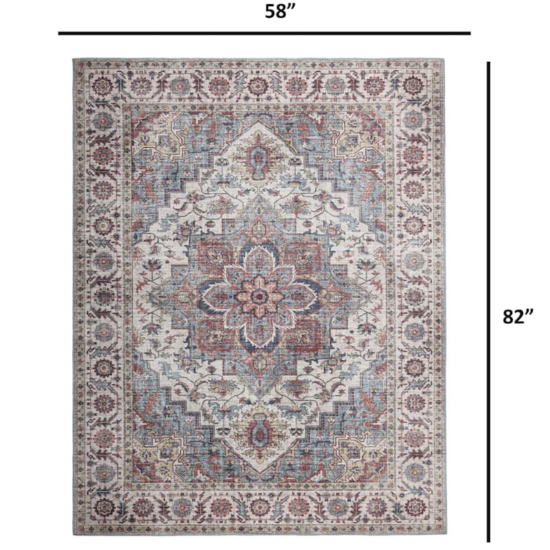 (D448) Found & Fable Chenille Printed Vintage Look Blue Medallion Area Rug, 5x7
