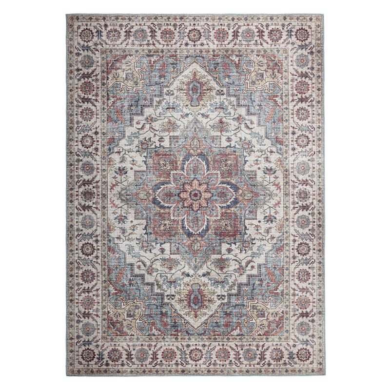 (D448) Found & Fable Chenille Printed Vintage Look Blue Medallion Area Rug, 8x10