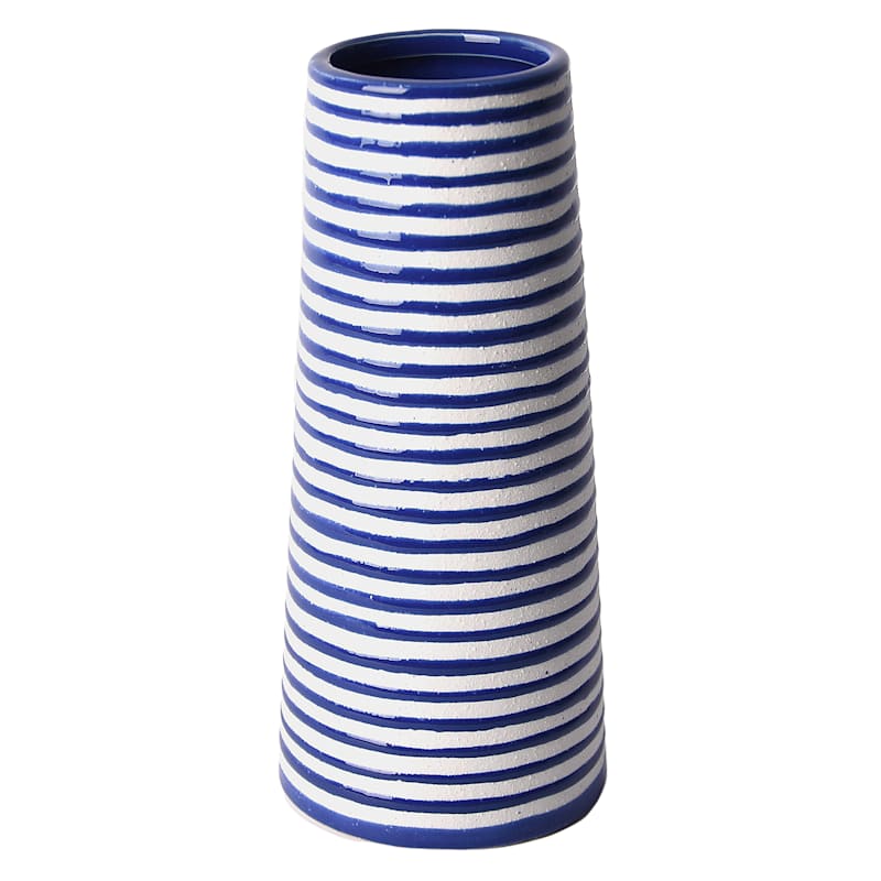 Tracey Boyd Blue & White Tapered Striped Ceramic Vase, 8"