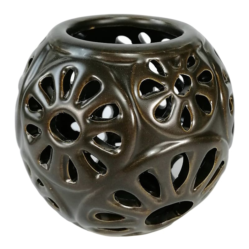Tracey Boyd Brown Floral Cutout Ceramic Votive Holder, 4"