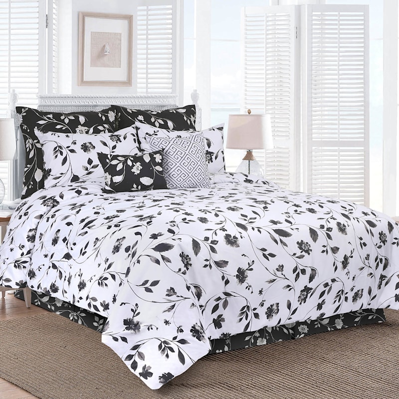 Providence 8-Piece Black & White Floral Print Essential Comforter Set ...