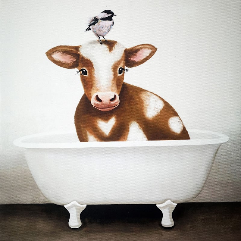 Bathtub Cow Canvas Wall Art, 12"