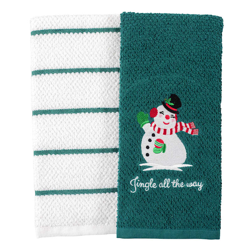 Set of 2 Green Snowman Kitchen Towels