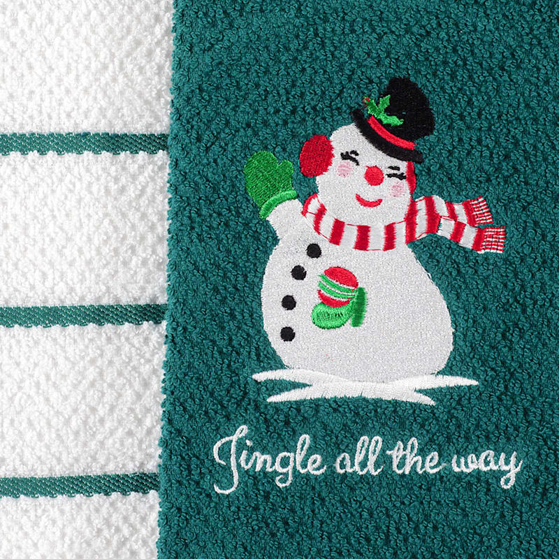 Set of 2 Green Snowman Kitchen Towels