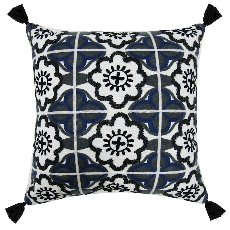 Tracey Boyd Black Tile Embroidered Throw Pillow, 18"
