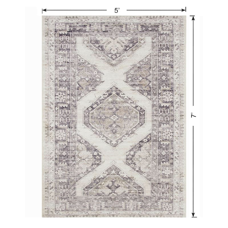 (B829) Grey & White Floral Washable Area Rug, 5x7