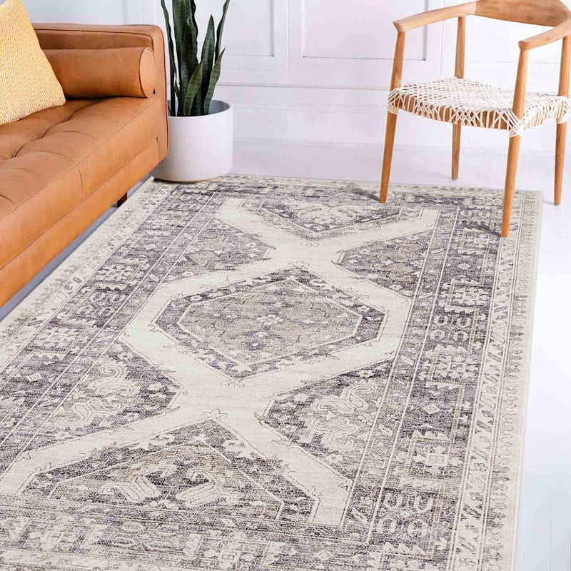 Gray & White Floral Washable Area Rug, 5x7, Sold by at Home