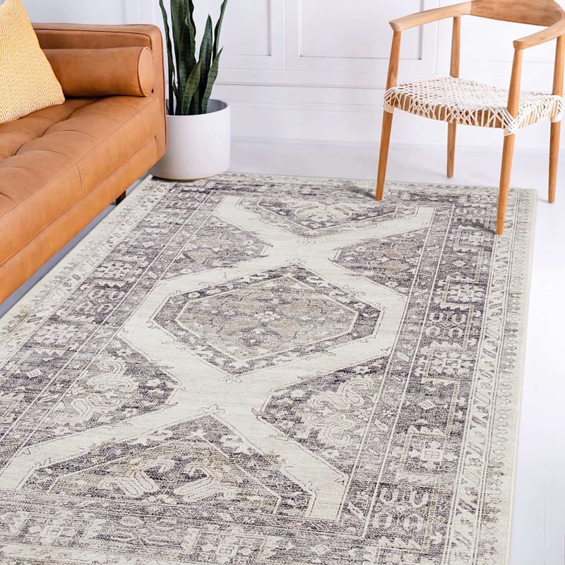 B829) Grey & White Floral Washable Area Rug, 8x10