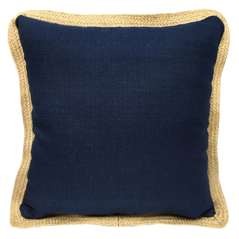 Olinen Navy Blue Outdoor Throw Pillow with Jute Trim 18