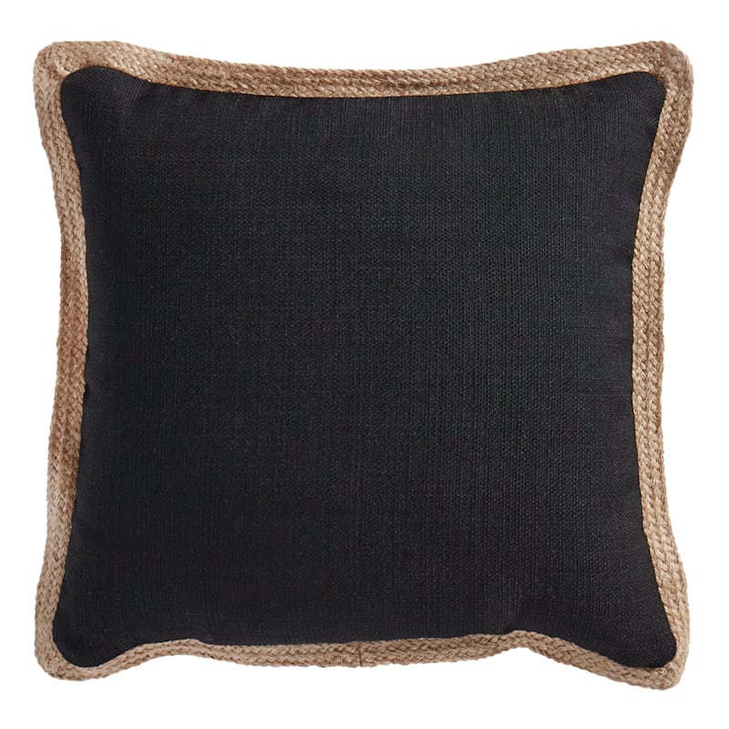 Olinen Black Outdoor Throw Pillow with Jute Trim, 18"