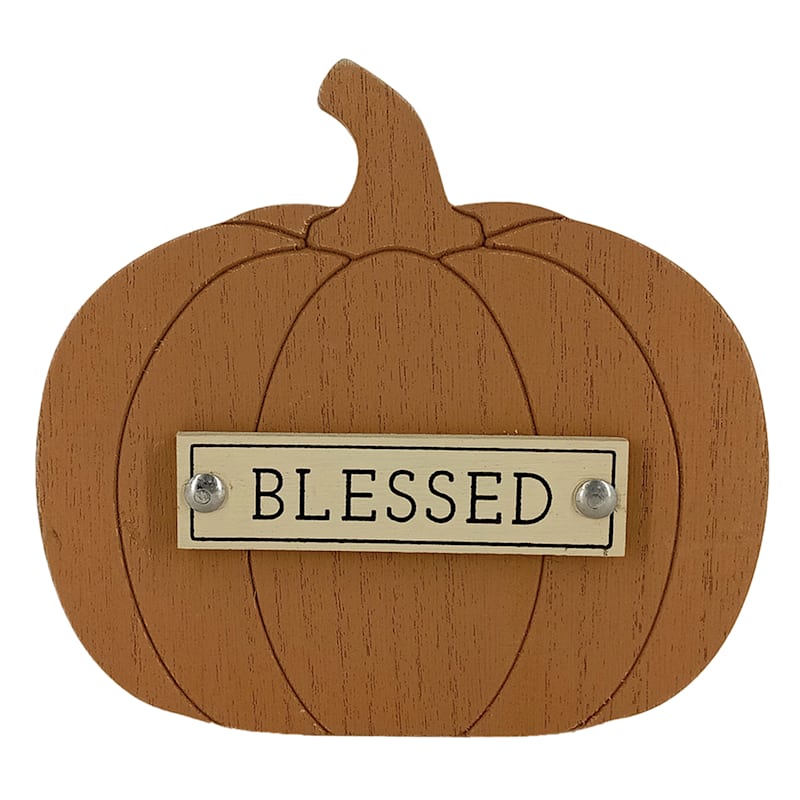 Honeybloom Brown Blessed Pumpkin Table Sign, 5.5"