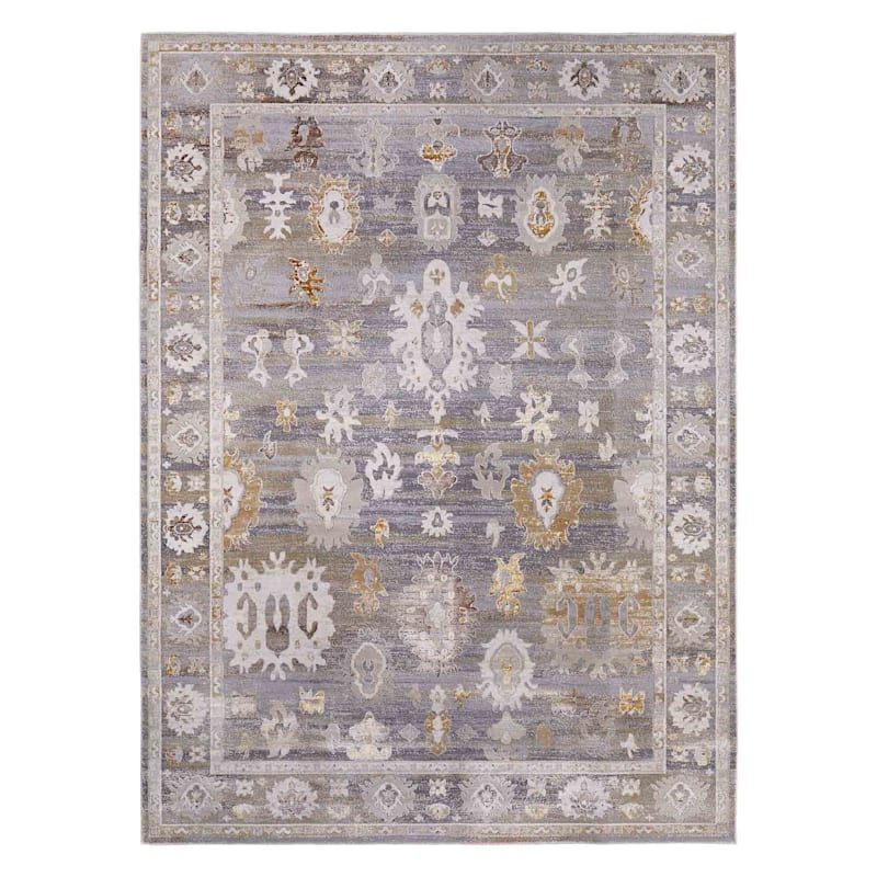 (A509) Found & Fable Thornhill Grey & Gold Floral Medallion Area Rug, 7x10