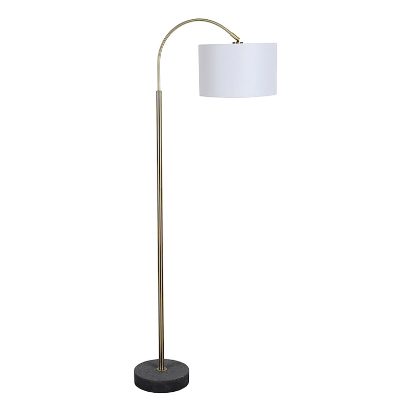 Brass Arc & Black Concrete Base Floor Lamp with White Fabric Drum Shade, 64"