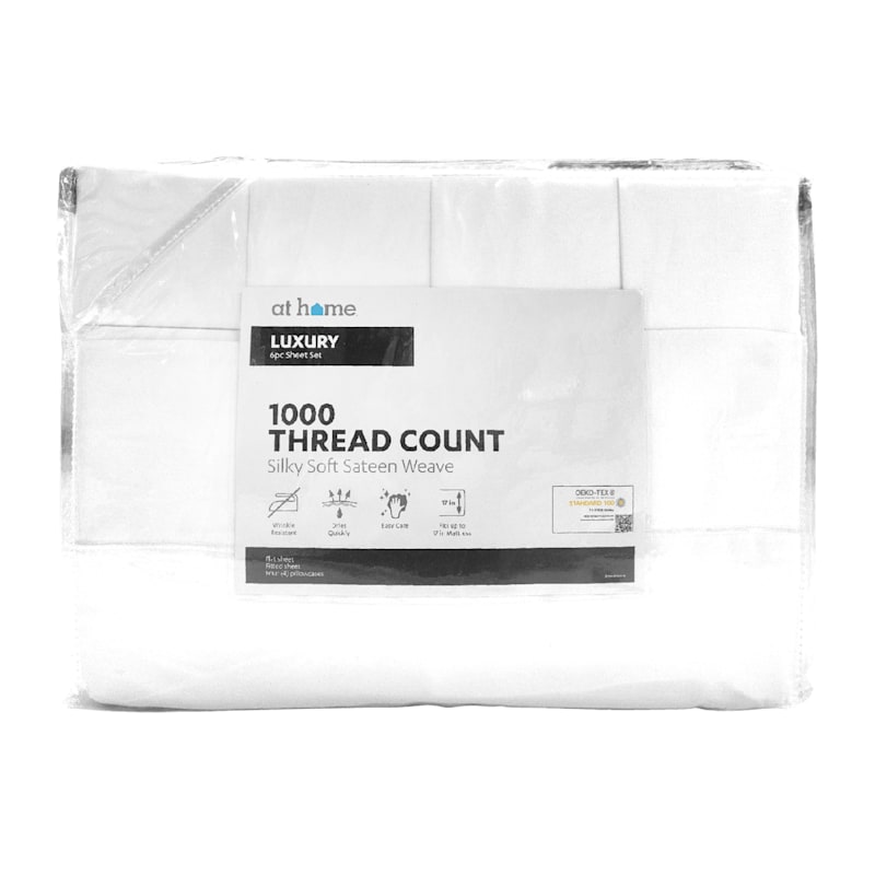 6Piece White 1000 Thread Count Cotton Blend Sheet Set, Queen