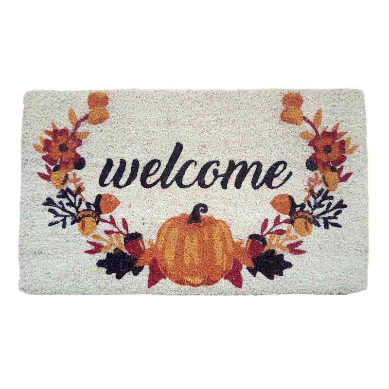 Thanksgiving Indoor Doormat 18x30, Low Profile Door Mat for Entryway,  Watercolor White Pumpkin Fall Leaf Wheat Burlap Rubber Backing Non Slip  Front