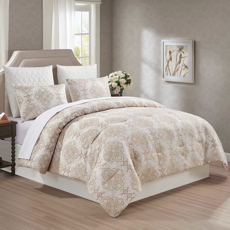 Honeybloom 6-Piece Neutral Jacquard Comforter Set, Full/Queen
