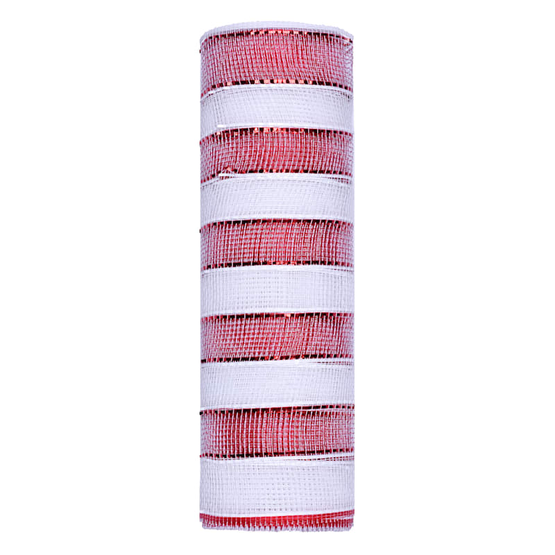 10.5" Red & White Striped Mesh Ribbon, 10yd