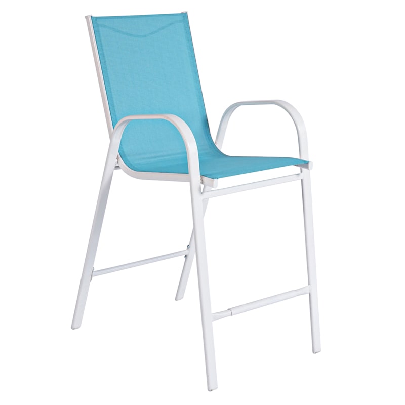 Stackable Aquarelle Blue Sling Patio Barstool with White Frame