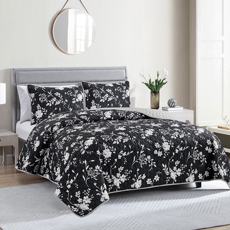 Providence 3-Piece Veronica Black Floral Quilt Set, Full/Queen