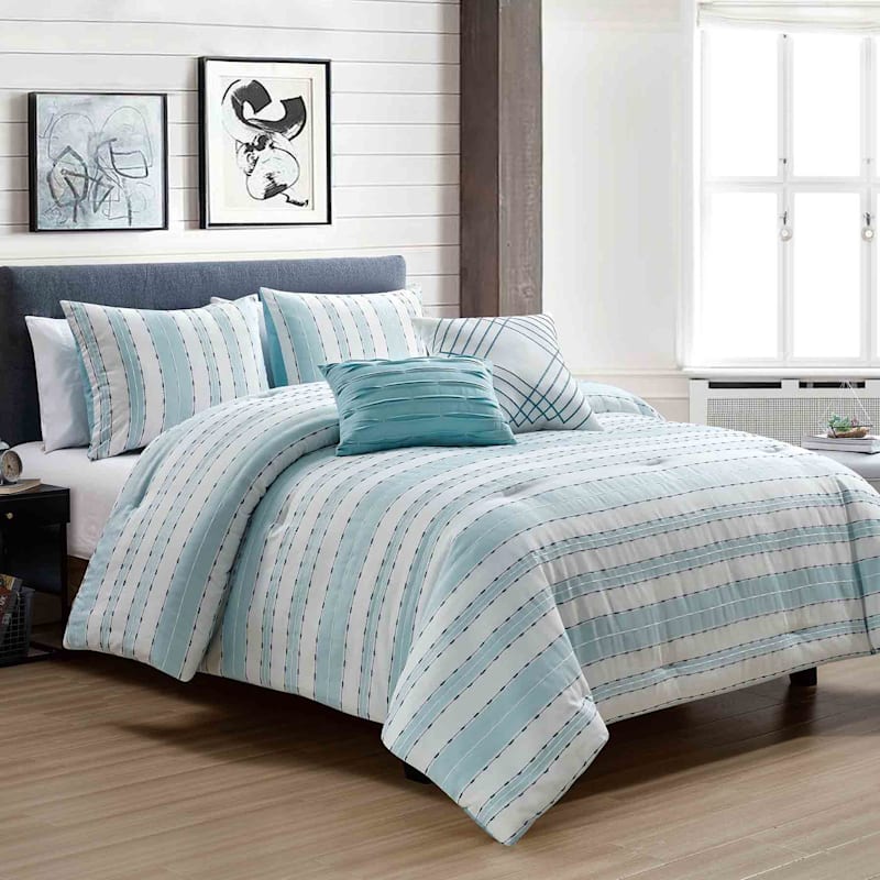 5-Piece Tucson Blue & White Jacquard Striped Comforter Set, Queen