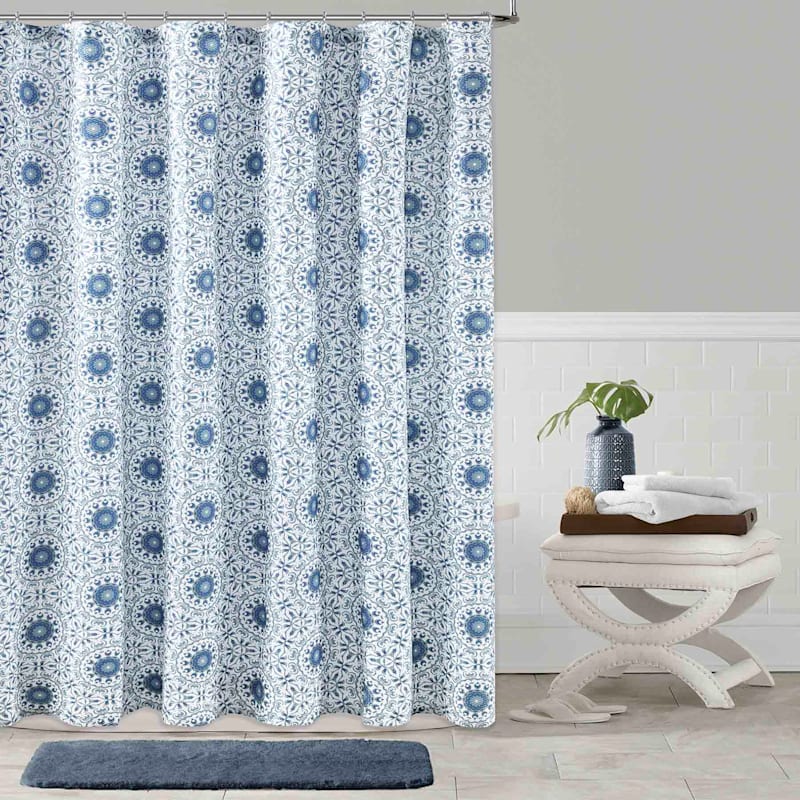 Fresco Medallion Embossed Shower Curtain Blue