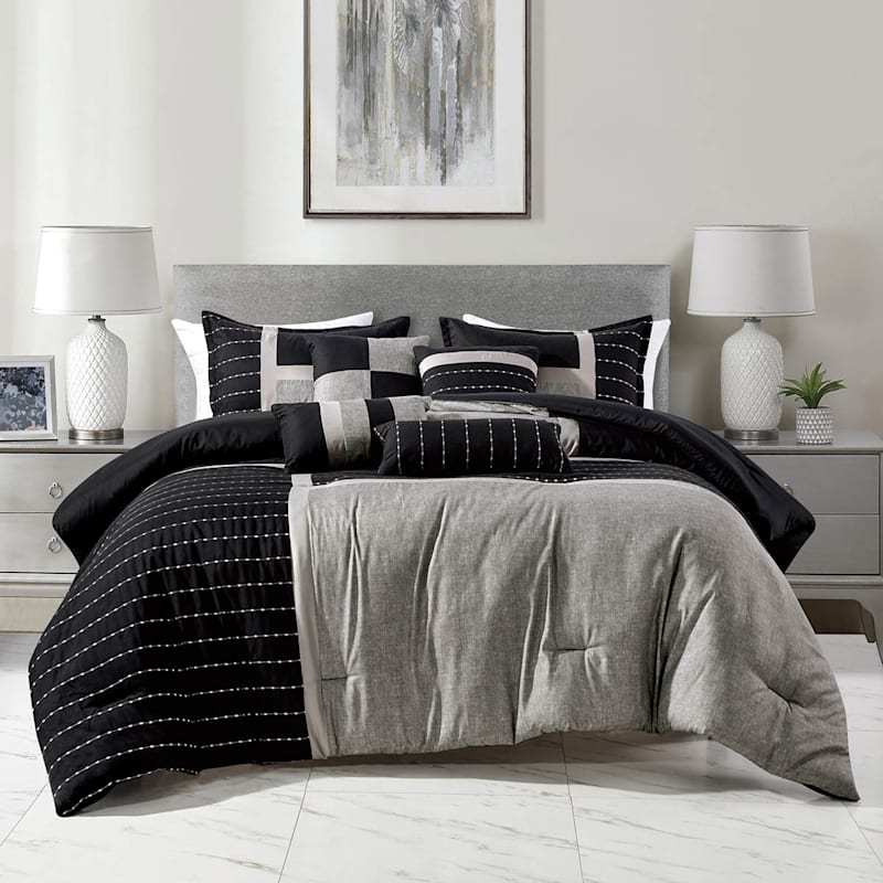 7 Piece Finley Black Grey Striped Comforter Set King