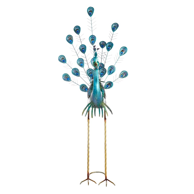 Peacock with Acrylic Jeweled Tail Outdoor Garden Statue, 38.5