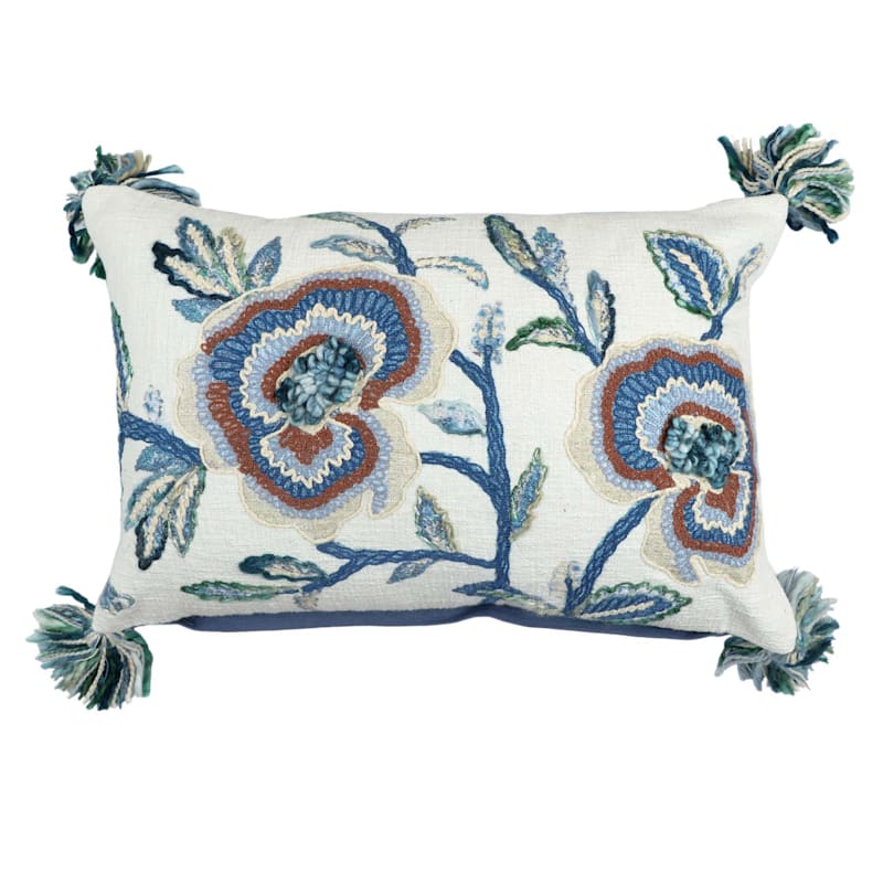 Providence Blue Floral Throw Pillow with Tassels, 14x22