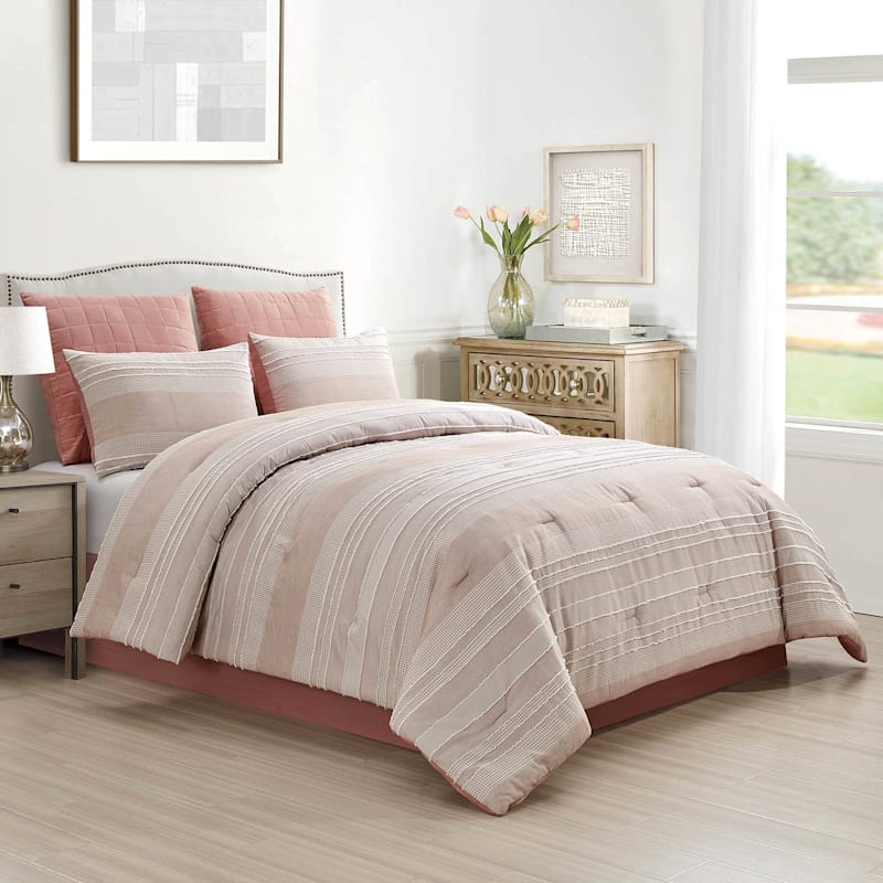 Honeybloom 7-Piece Pink Waffle Design with Raw Edge Comforter Set, King