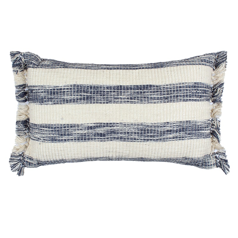 Honeybloom Blue White Striped Woven Pillow with Fringe 14x24
