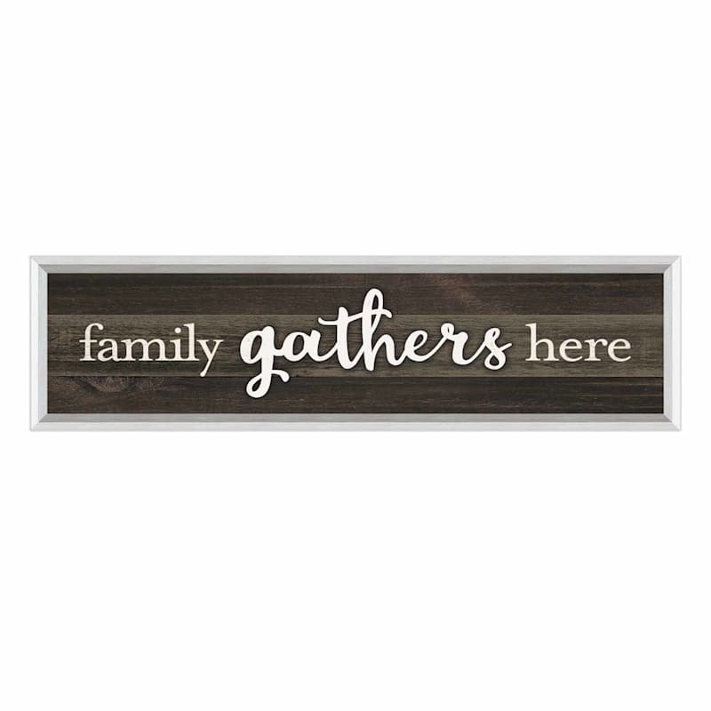 Framed Family Gathers Here Wall Sign, 8x30