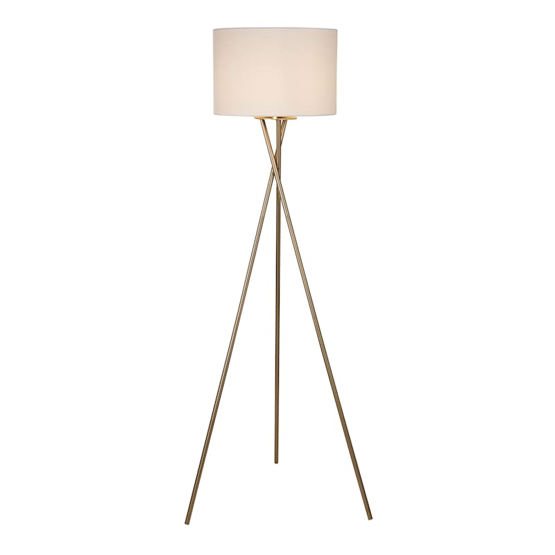 at Home Crosby St. Brass Tripod Floor 59 White Lamp Shade with Fabric Drum Shade