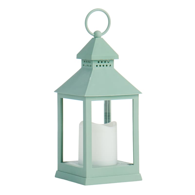 Light Green Weatherproof Outdoor Lantern with LED Candle, 9.5"