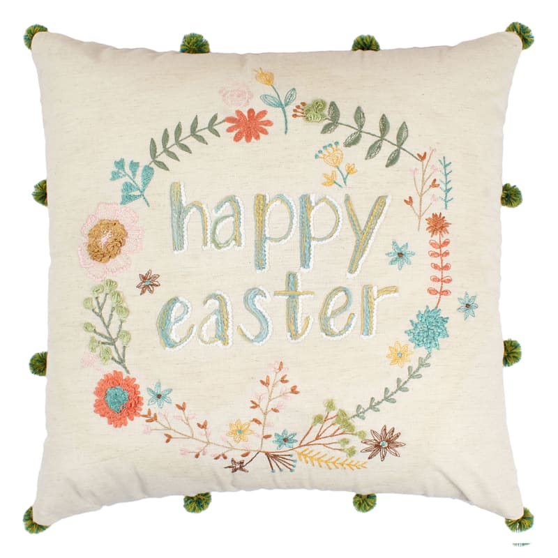 Crafty Happy Easter Throw Pillow with Pom Poms 18