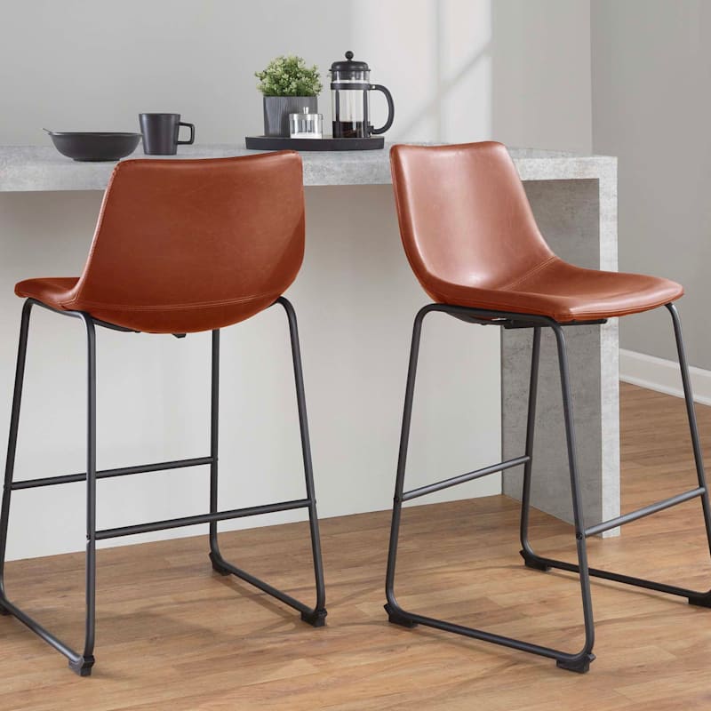 Crosby St Drake Faux Leather Modern Industrial Counter Stool, Cognac