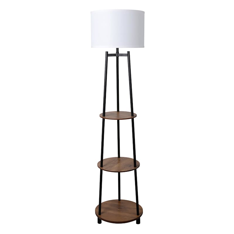 Grey tripod floor lamp with shelf top
