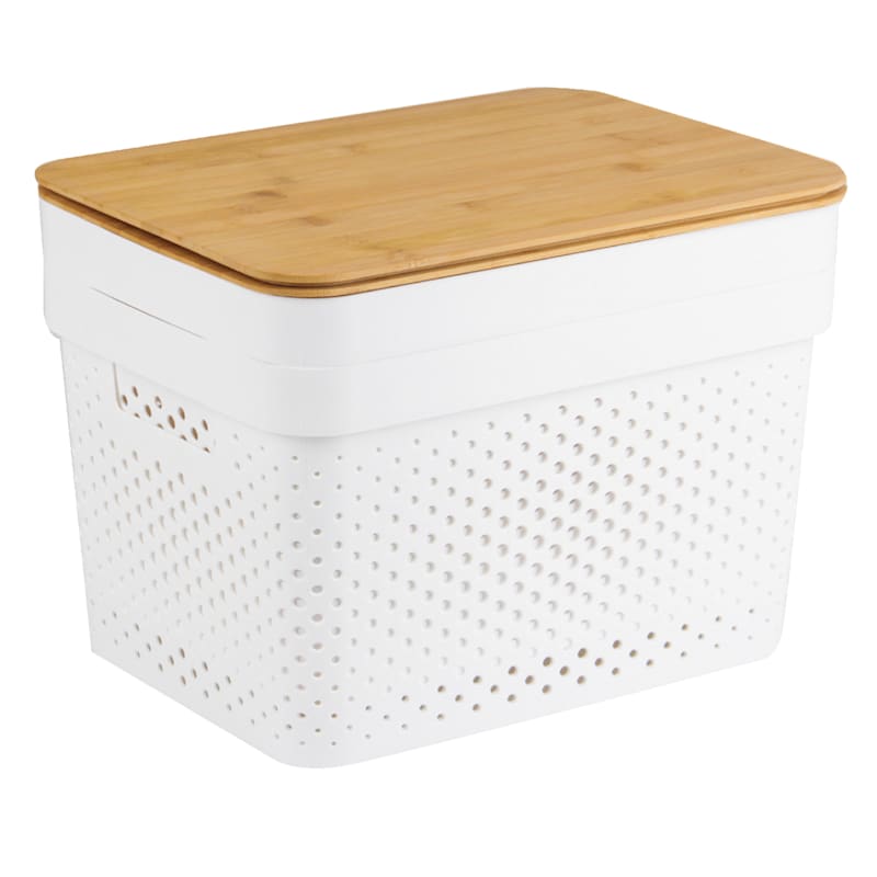 at Home 2-Pack White Plastic Storage Bin with Bamboo Lid, Small