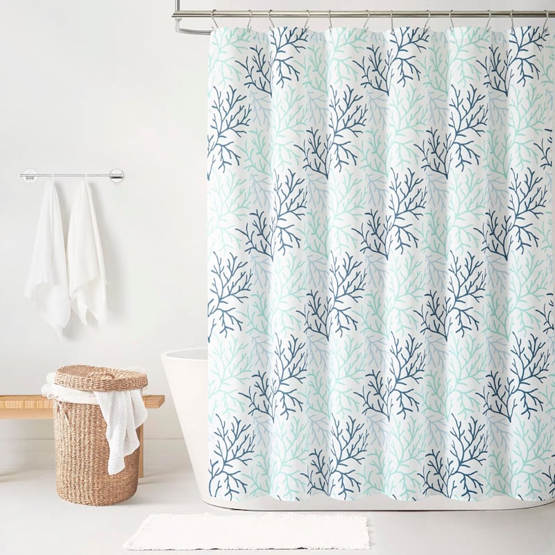 Navy coral shower curtain deals