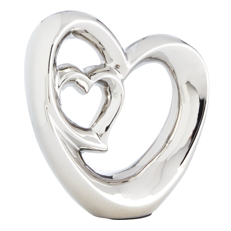 Heart Ceramic Set Of 2 Hand Sculpture In Silver And White