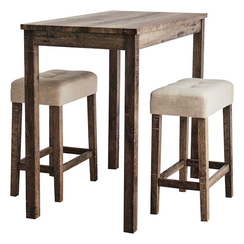 3 Piece Oak Lawn Table Set with Ivory Upholstered Counter Stools 42
