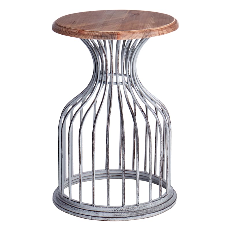 Metal Side Table with Wood Top, Silver