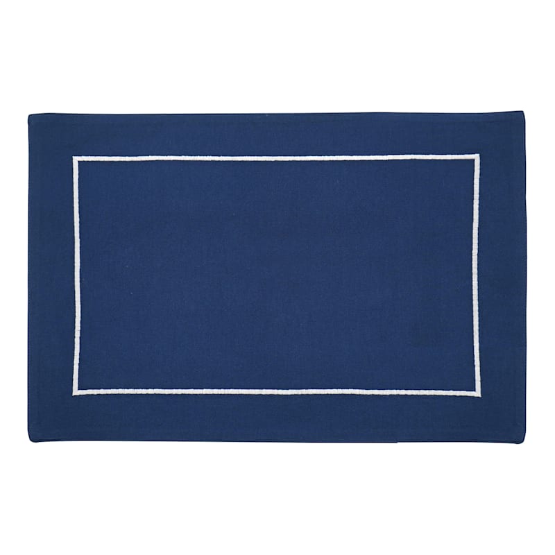 Set of 4 Navy Blue Placemats with White Embroidered Border