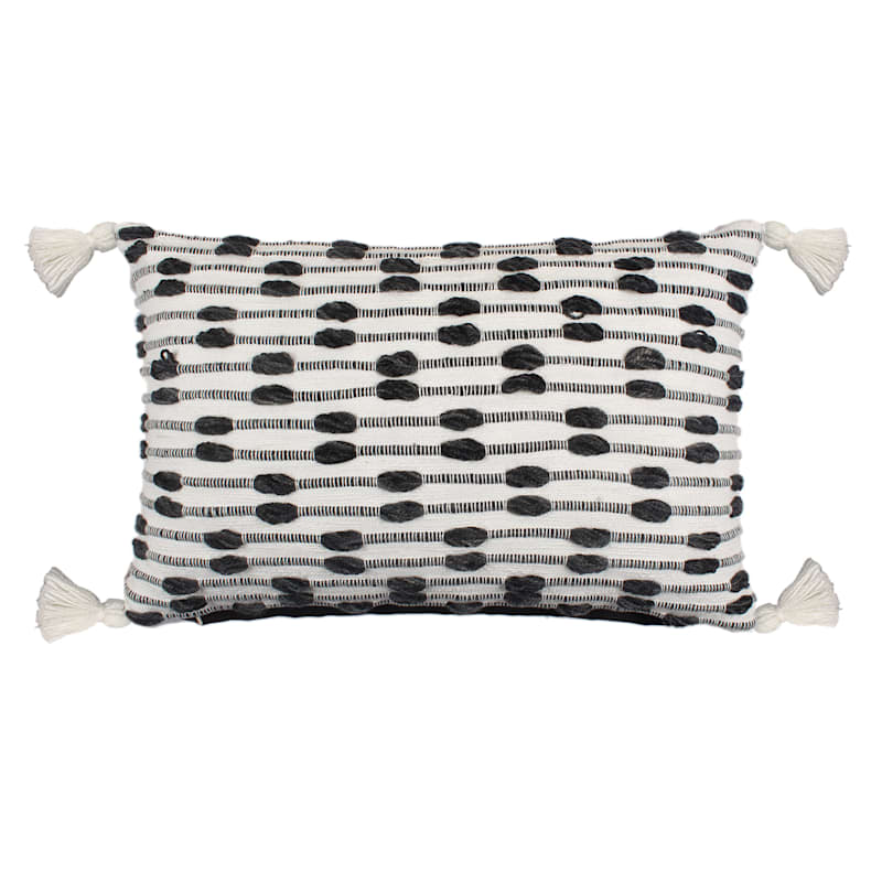 Crosby St. Black White Textured Lumbar Outdoor Throw Pillow with Tassels 14x22
