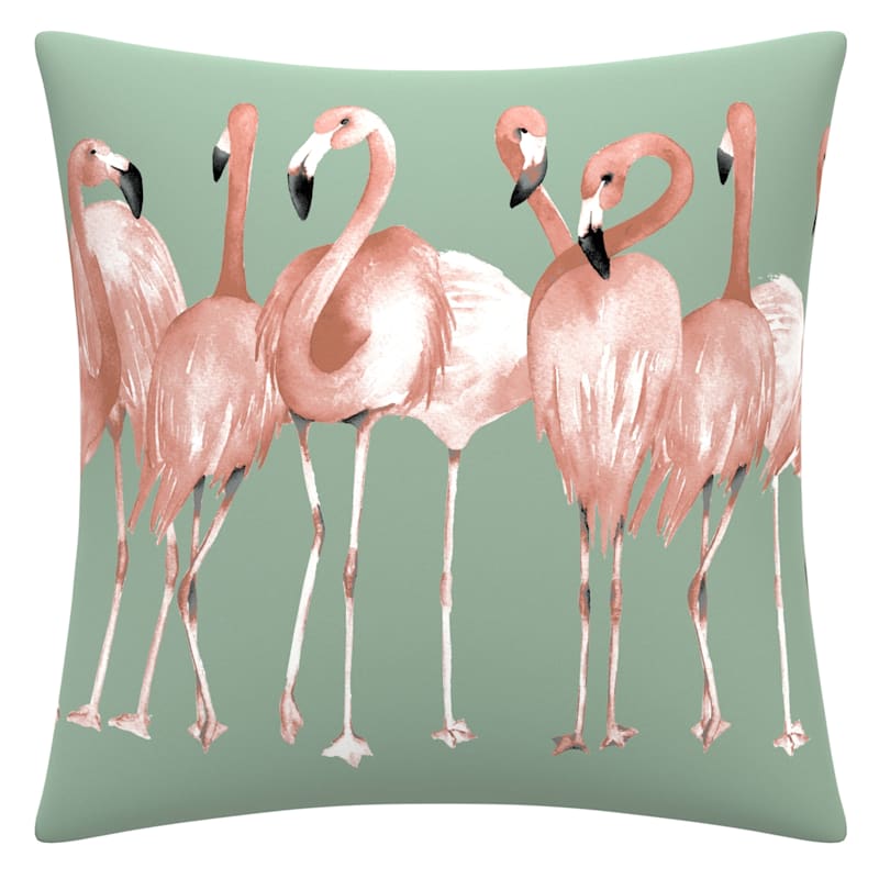 Providence Green Pink Flamingos Square Outdoor Throw Pillow 16