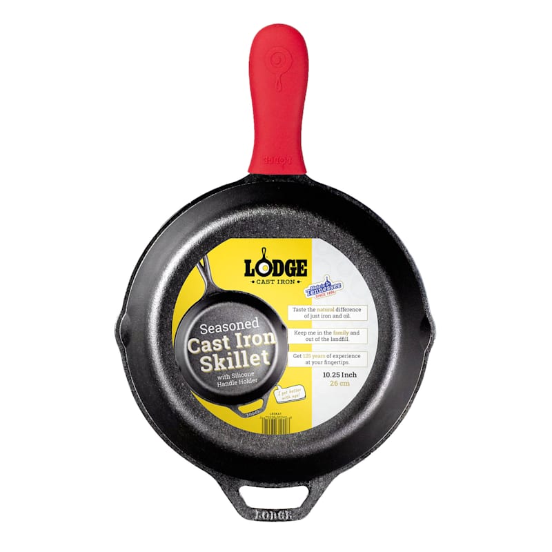 Lodge Cast Iron Skillet with Red Silicone Hot Handle Holder, 12-inch &  Scrubbing pad, One, Red